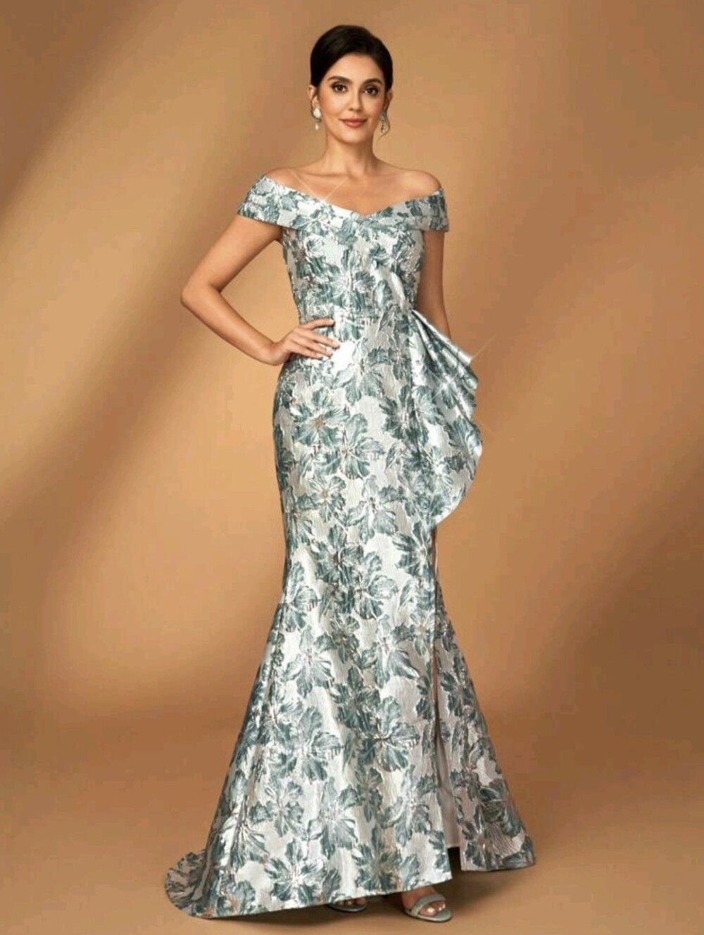 Off-Shoulder Green Floral Jacquard Mermaid Gown